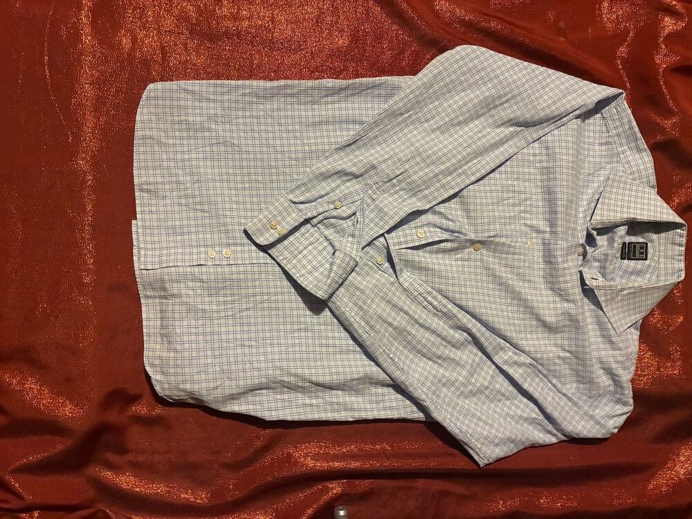 Ike Behar Dress Shirt Mens 15 32-33 Long Sleeve Check Button Up White Blue